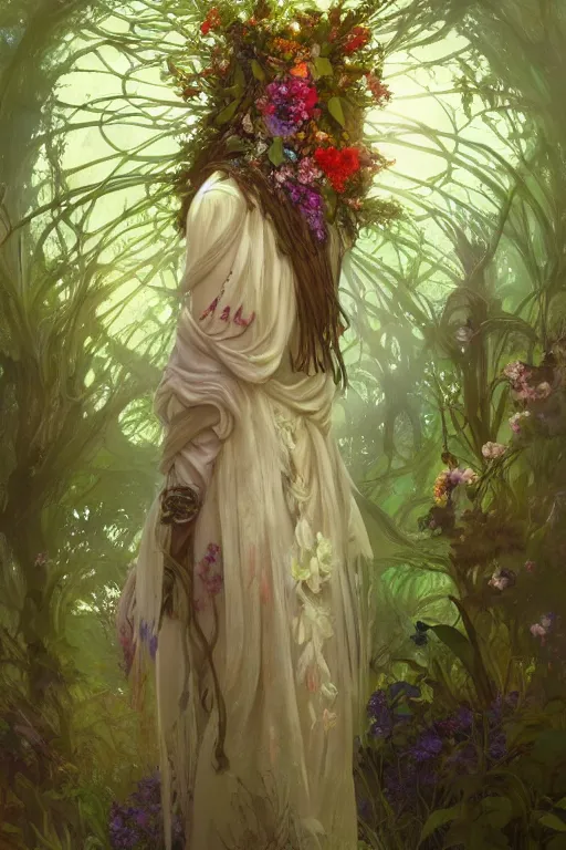 Image similar to a beautiful female forest druid wearing a head dress of flowers and a flowing dress surrounded by light in a heavenly forest realm, full body shot, video game concept art, alphonse mucha, james gurney, greg rutkowski, vivid colour, fine detail, dramatic lighting, beautiful