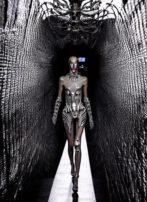 Image similar to walking down the catwalk, steven klein, ben watts, show, stage, vogue photo, podium, fashion show photo, iris van herpen, beautiful woman, perfect body, full body shot, helmet on face, masterpiece, guyver, jellyfish, biomechanical details, movie still, fauvism, cinestill, bokeh, gelios lens