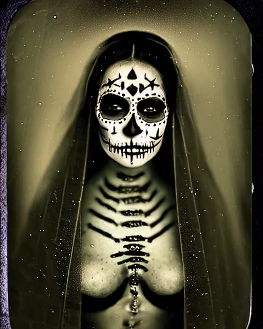 Image similar to tintype full body virgin mary dressed in dia de muertos makeup high quality photo, microchip, artificial intelligence, bio - mechanical bio - luminescence, black wired cables, neurons, nerve cells, cinematic, rim light, photo - realistic, high detail, 8 k, masterpiece, high fashion, in the style of steven meisel dora maar h. g. giger