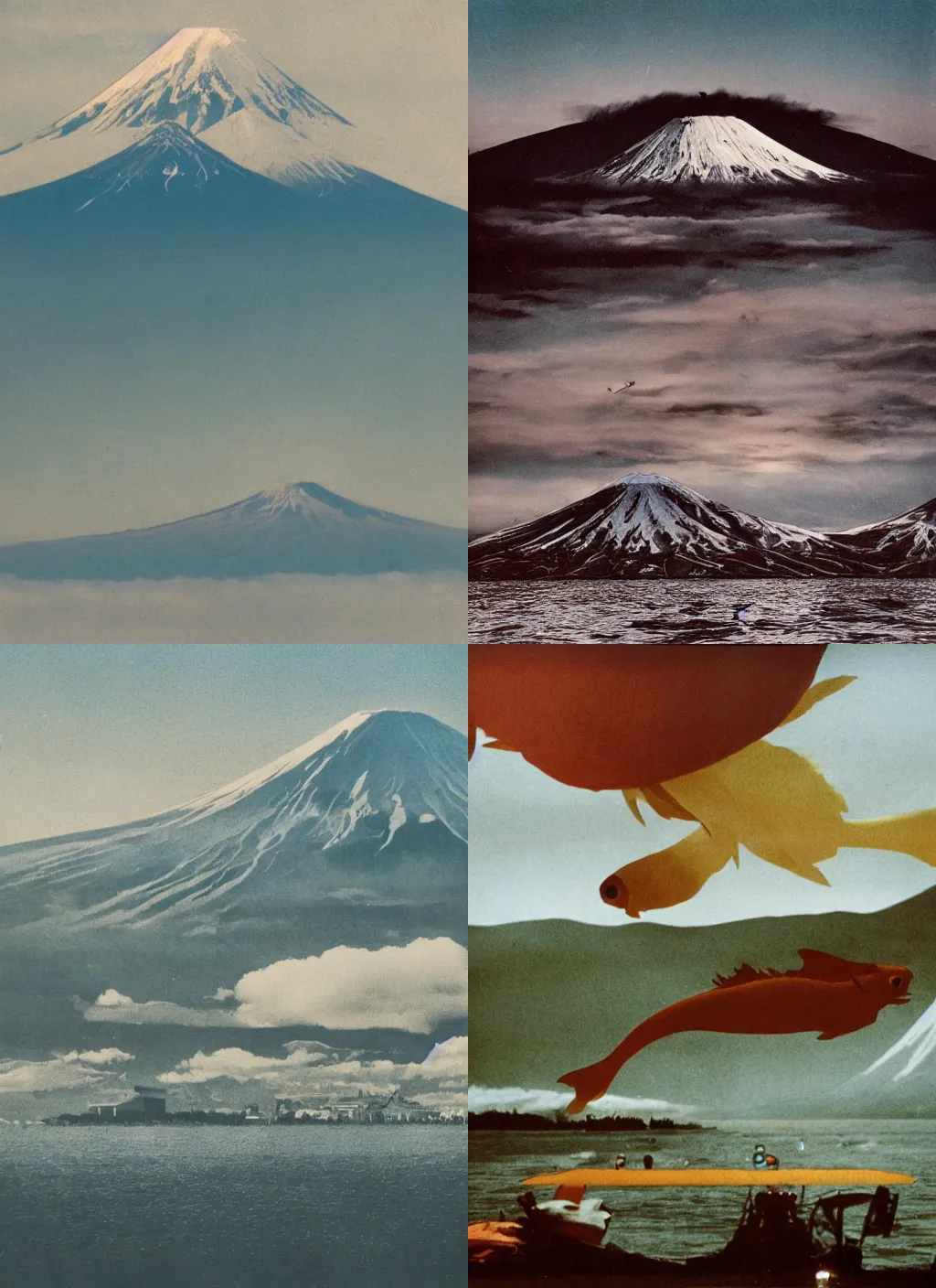 Prompt: An analog color photography of a massive gigantic fish hovering over mount fuji. cinematic. photoreal.