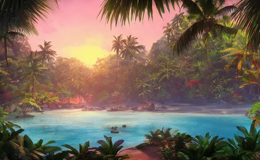 Prompt: a tropical resort in a jungle paradise, with a beautiful red and blue sunset, dynamic lighting, photorealistic fantasy concept art, trending on art station, stunning visuals, creative, cinematic, ultra detailed, ray tracing, sun rays, native tribes, wonderous waters, amazing detail