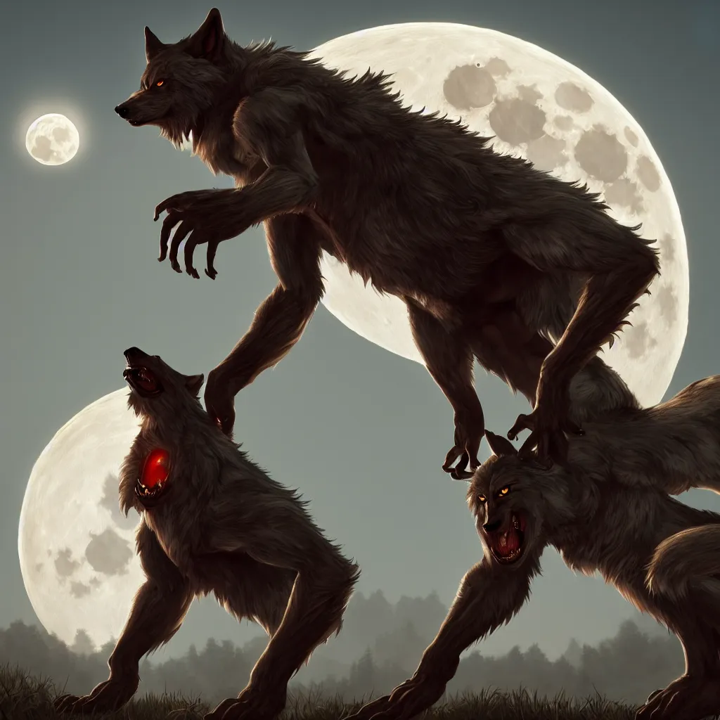 Prompt: Beautiful painting of a werewolf with a full moon in the background, trending on artstation, unreal engine, 4k