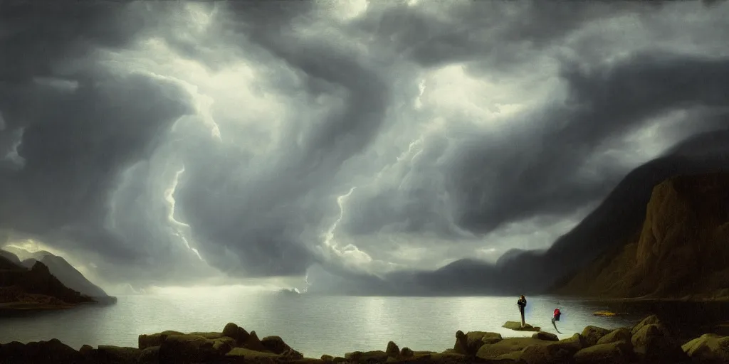 Prompt: a princess, big monster, snowy fjord, storm clouds, dramatic lighting, hudson river school, afternoon