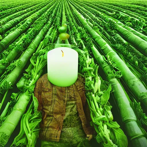 Prompt: a big giant made of vegetables standing in a field holding a large green candle above his head, photo realistic, realistic lighting, realistic reflections