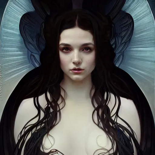Image similar to A portrait of A beautiful! angel in black flames!! by Ross Tran!! and alphonse mucha and greg rutkowski! and gustav doré!!,In style of digital art illustration.Symmetry.Highly detailed face.Fantasy,smooth,hyper detailed,sharp focus,Soft light.trending on artstation.4k