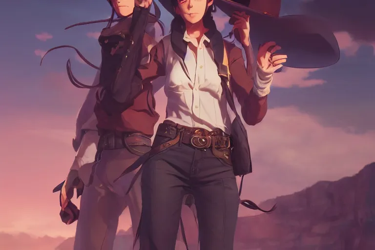 Image similar to western cowgirl, single centered subject, mid shot, ambient lighting, detailed face, by makoto shinkai, stanley artgerm lau, wlop, rossdraws