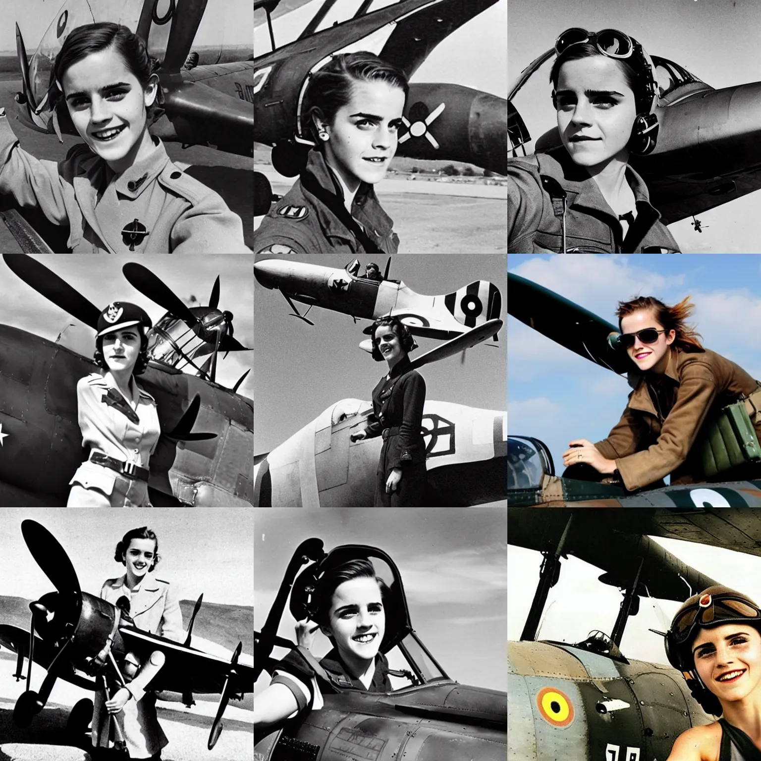 Prompt: pilot emma watson posing for a selfie with a spitfire plane, 1 9 3 9