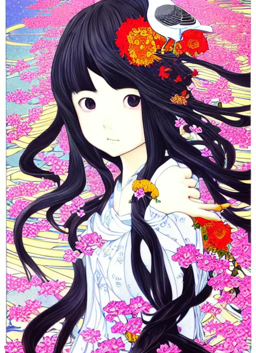 Prompt: exquisite imaginative manga poster of a girl, long wavy hair, flowers, rococo dress, pigeons, shimmering, by kojima ayami, shigenori soejima, minaba hideo, alphonse mucha, jump comics, shogakukan, art nouveau, illustration, artstation, highly detailed, 8 k, fluorescent, maximalist