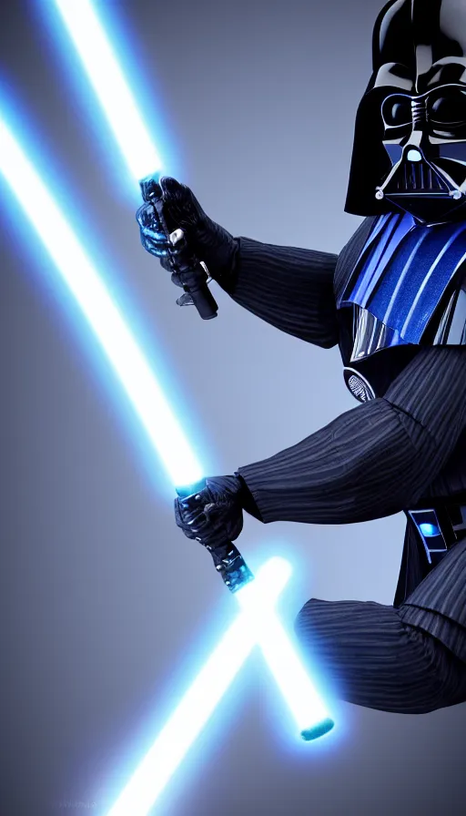 Prompt: A blue Darth Vader suit holding a blue lightsaber, 4k, dark background, 3d,