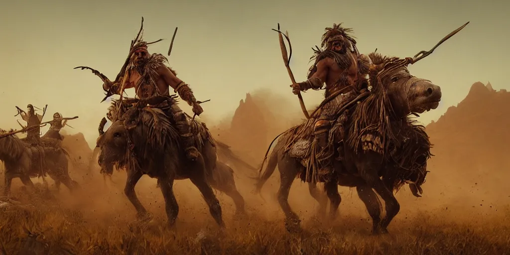 Prompt: an ancient tribesman riding an ancient motorcycles, motorized indians hunting buffalo ,attacking, chase, action scene, an epic fantasy, dramatic lighting, cinematic, establishing shot, extremely high detail, photorealistic, cinematic lighting, artstation, octane render, by simon stalenhag, horizon forbidden west,old photo, vintage