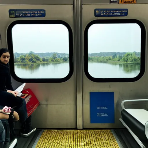 Prompt: A photograph of the inside of a subway train. There are frogs sitting on the seats. One of them is reading a newspaper. The window shows the river in the background.