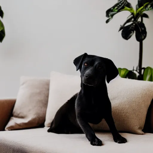 Image similar to a small black dog with a white face, lying down on a sofa, house plants and wood furniture in the background, indoors, dim light, photograph, 4 k, shot on iphone