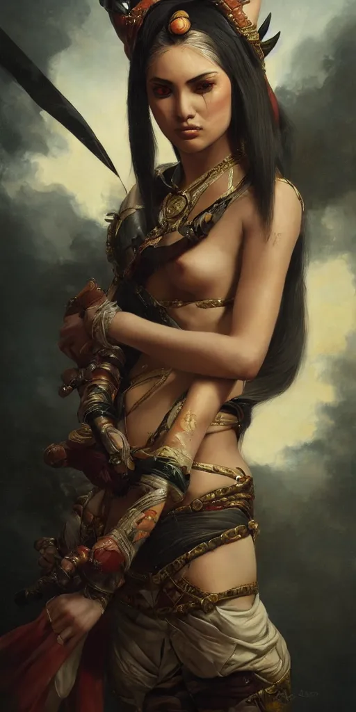 Prompt: the portrait of akali from league of legends in intricate dress by roberto ferri, fantasy, witcher, very detailed oil painting, masterpiece, 8 k