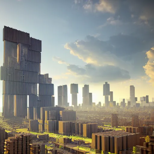 Prompt: a city made of block-like modules of wood and concrete and glass, city of voxels, illuminated windows, dramatic sky, light rays, aerial view, hyperrealism, 4k octane render, photorealistic concept art, highly detailed