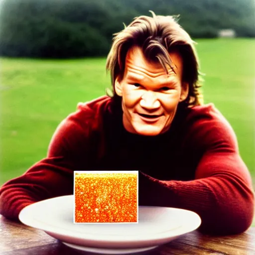 Prompt: patrick swayze eating! a cola cube, in scotland, high quality photograph,