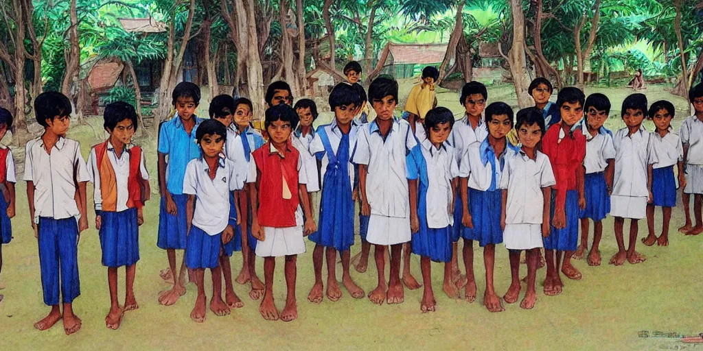 Image similar to sri lankan school kids, drawn by hayao miyazaki, rule of thirds