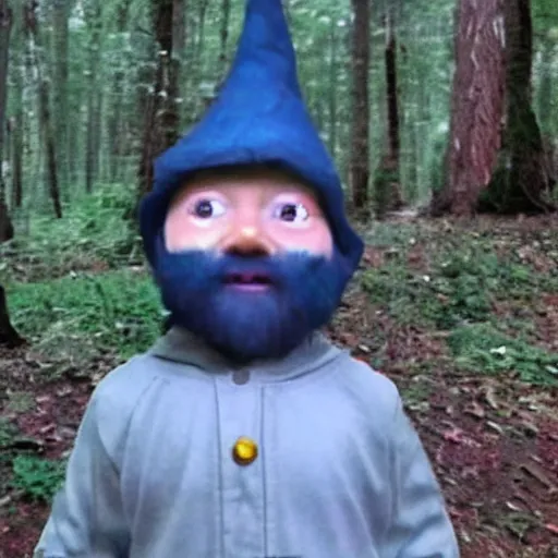 Image similar to bad quality screenshot of a leaked video of a small person dressed as gnome looking at me at a forest trail, photo taken from far away, night time, bright camera flash, camera shaking, disturbing, very scary, realistic, very disturbing, help me please im disturbed, ultrarealistic, 480p, scary