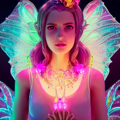 Image similar to portrait of neon fairy princess, glowing, ornate and intricate jewelry, jaw dropping beauty, glowing background lighting, white accent lighting, hyper detailed, fairy tale, 4 k octane render