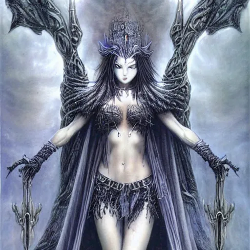 Prompt: dark beautiful sorceress casting an illusion spell by luis royo, full body shot, perfect symmetrical body, perfect symmetrical face, coherent symmetrical eyes,