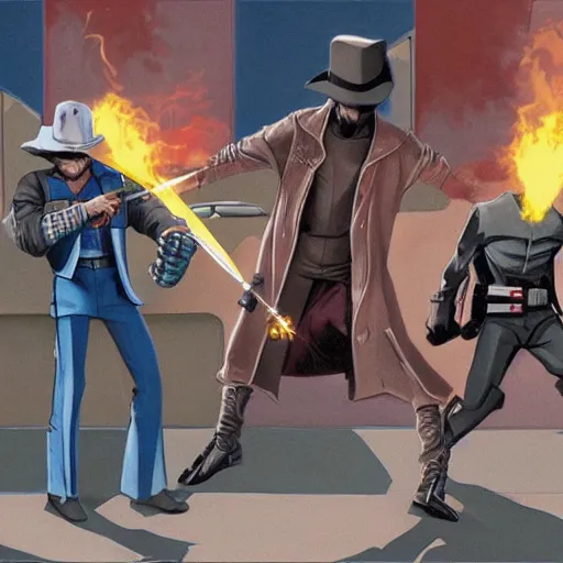 Image similar to duel between cad bane and clint eastwood on the vallecas bridge