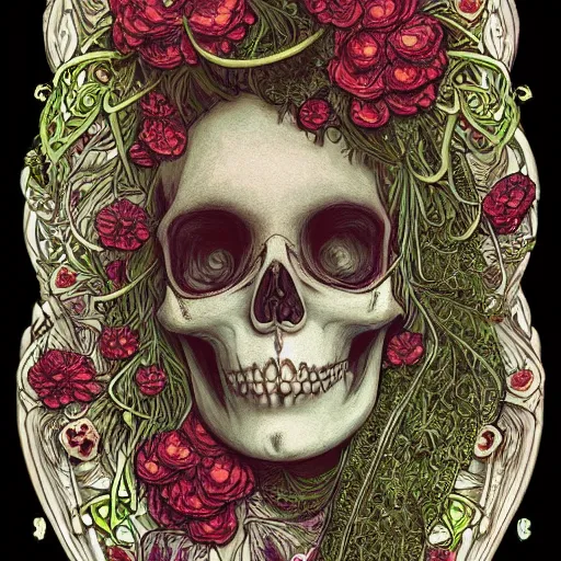 Image similar to detailed rotten woman skull corpse with fractal plants and fractal flowers and mushrooms growing around, symmetrical, ornate, ornamentation, illustration, in the style of art nouveau, mucha