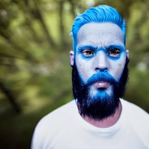 Image similar to fish eye lens close up photograph of a man with blue skin and a goatee side eyeing the camera with a sympathetic look