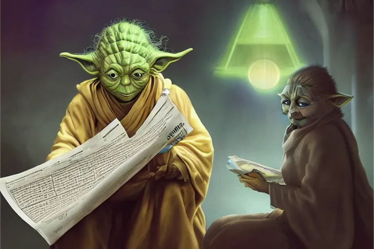 Prompt: a beautiful ultradetailed photo of yoda reading a newspaper in a monastery, by tom bagshaw and anna dittman, backlight, 3 5 mm lens, closeup shot, bokeh, golden ratio composition, sunset golden hour hues, very detailed, artstation, 8 k, highly coherent