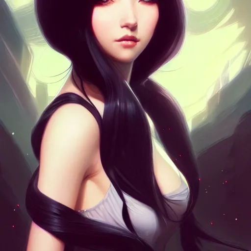 Image similar to a beautiful girl with long black hair, fantasy, sharp focus, intricate, elegant, digital painting, artstation, matte, highly detailed, ambient lighting, art by Rossdraws, artgerm, Ilya Kuvshinov, and Greg Rutkowski