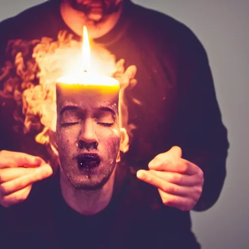 Prompt: photo of a man with a burning candle wick coming out of the top of his melting head