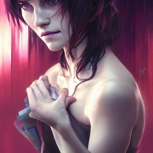 Image similar to ultra realistic illustration, emma watson as ghost in the shell anime, intricate, elegant, highly detailed, digital painting, artstation, concept art, smooth, sharp focus, illustration, art by artgerm and greg rutkowski and alphonse mucha and wlop