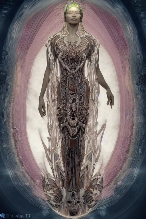 Image similar to a realistic ciematic photo of a beautiful ancient alien woman goddess kate moss shiva standing in iris van herpen dress jewelery and fractals in style of alphonse mucha art nuvo dmt trending on artstation made in unreal engine 4