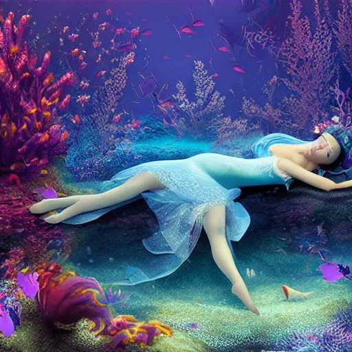 Prompt: sleeping beauty underwater, ultrarealistic photograph,