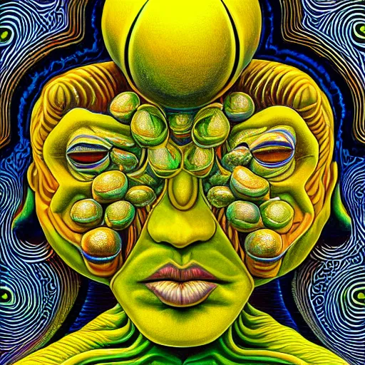 Image similar to Alex Grey painting of Lemonus, the lemon god of citrus, highly detailed, symmetrical, trending on artstation