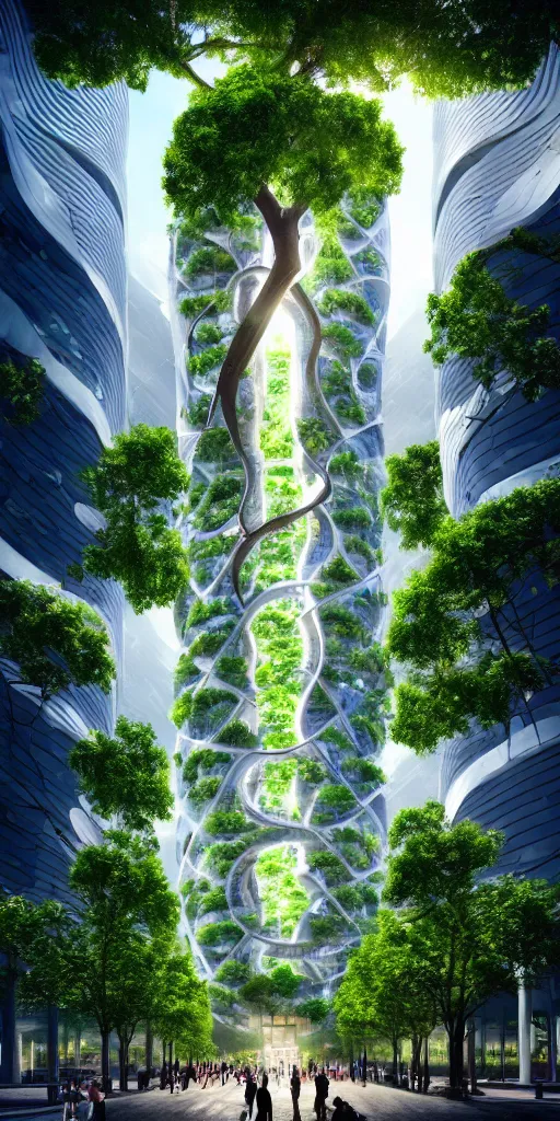 Image similar to high quality photo of futurist biophilic vertical city with giant oak tree in the middle and homeless people praying cinematic lighting