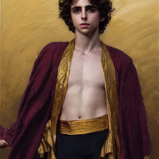 Image similar to detailed realistic cinematic wide shot of beautiful attractive muscular thimotee chalamet as roman empreror gold chain wearing royal red clothes slim face symettrical face clean skin black eyes black robe smooth, sharp focus, ultra realistic, spring light, painting by gaston bussiere, craig mullins, j. c. leyendecker