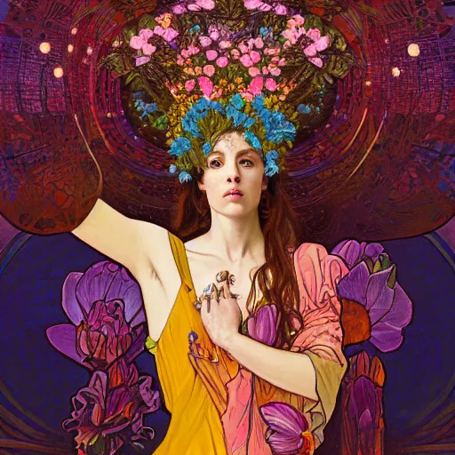 Image similar to a portrait oil painting of a singular beautiful female godess of spring with colorful flowers, holy geometry, tarot card style, by Mohrbacher and Moebius and Alphonse Mucha and Roger Deakins, cinematic lighting, masterpiece, golden ratio background, highly detailed, 8k resolution, trending on art station