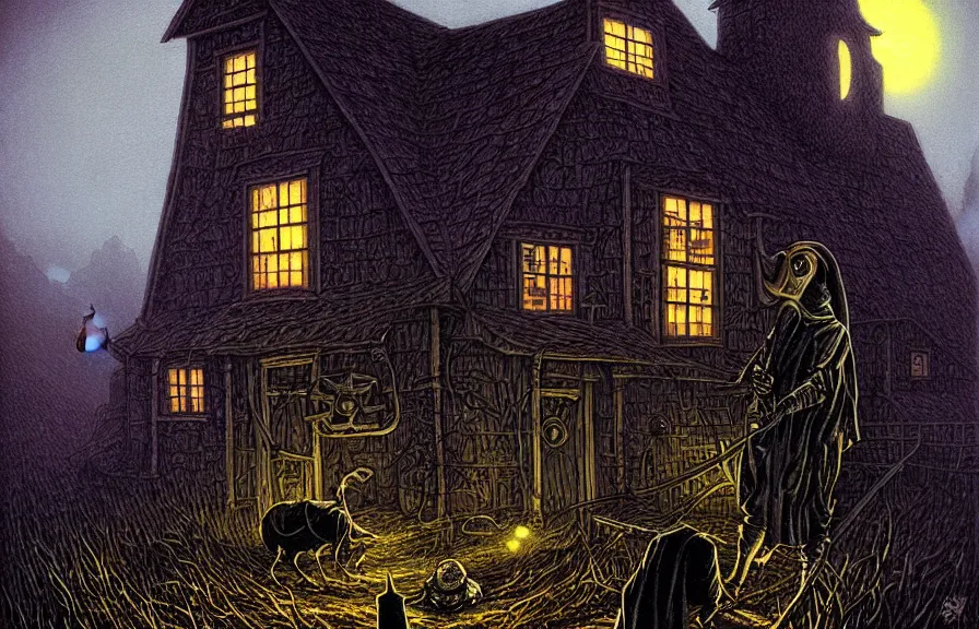 Prompt: horror artwork, a farm in the mountain, plague doctor, at night, by michael whelan, dirty
