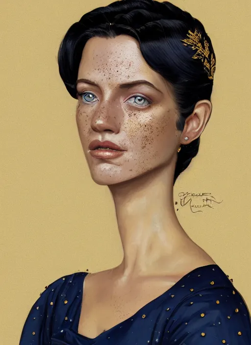 Image similar to portrait of a queen with green eyes and freckles, dressed in a navy blue gown with gold embroidered details, dark brown hair, detailed face, fantasy, cinematic lighting, digital art painting, fine details by realistic shaded lighting poster by ilya kuvshinov katsuhiro otomo, magali villeneuve, artgerm, jeremy lipkin and michael garmash and rob rey