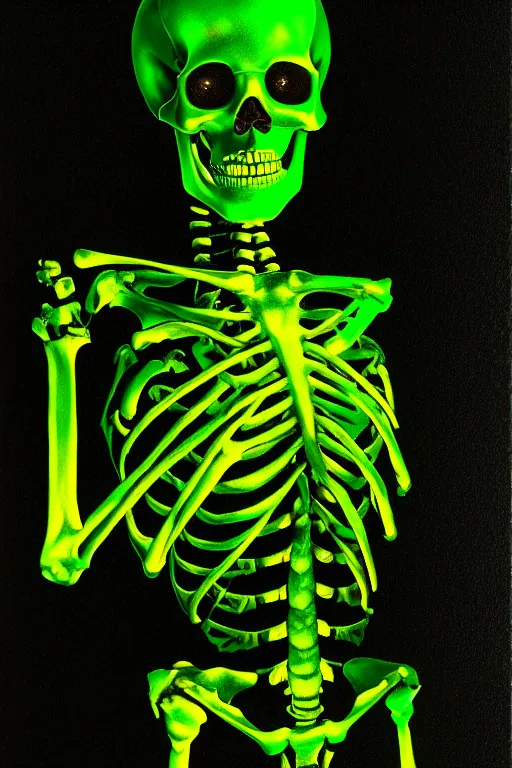 Image similar to portrait of a cybernetic skeleton holding one hand aloft, glowing green candles, oil painting, high detail, dark lighting, atmospheric, extremely detailed, intricate, da vinci, michelangelo, caravaggio, hans holbein, raphael, donatello, 8 k