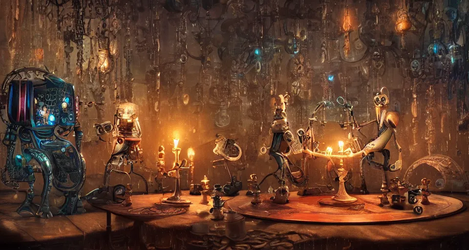 Prompt: a beautiful tapestry, a small robot playing 3 d multi layer chess, ultra detailed, atmospheric lighting, rain, steampunk, moody, candles, characters from machinarium, by don bluth, trending on artstation, octane render, 8 k, ultra realistic