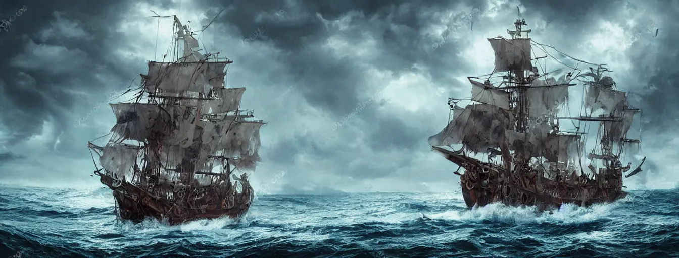 Prompt: pirate ship in the middle of the ocean with thunderstorms, cinematic, concept art