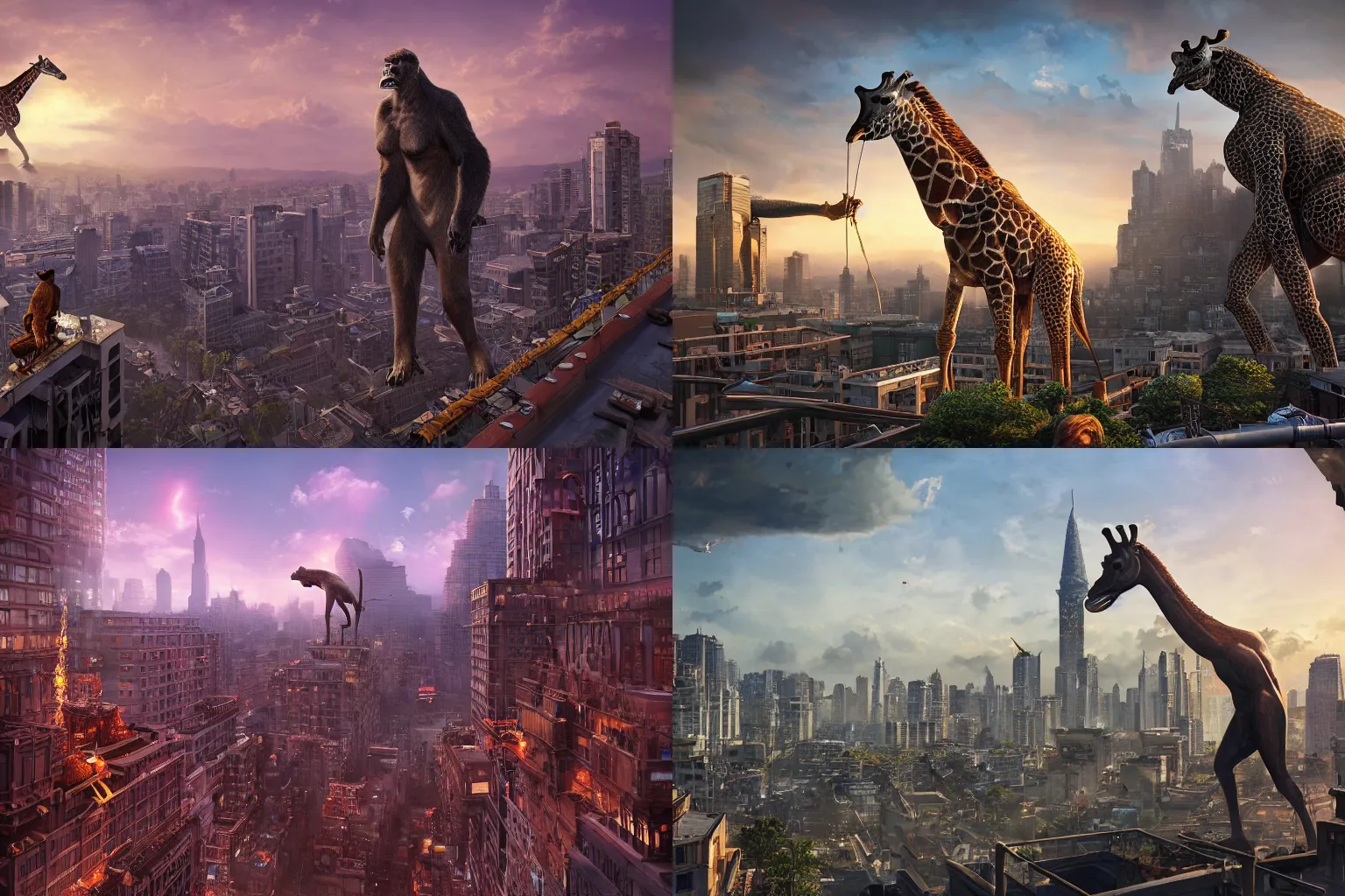 Prompt: rooftop, giraffe, kingkong, intricate, epic lighting, cinematic composition, hyper realistic, 8 k resolution, unreal engine 5, by artgerm, tooth wu, dan mumford, beeple, wlop, rossdraws, james jean, andrei riabovitchev, marc simonetti, yoshitaka amano, artstation