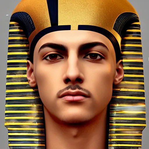 Image similar to detailed portrait of aloof handsome ancient egyptian prince, 4 k, cgsociety, beautiful gazing eyes, symmetrical face