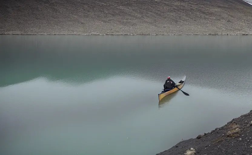 Image similar to canoeing through a lake in iceland, moody, cinematic, fpv, muted colors, glaciers, ice, water