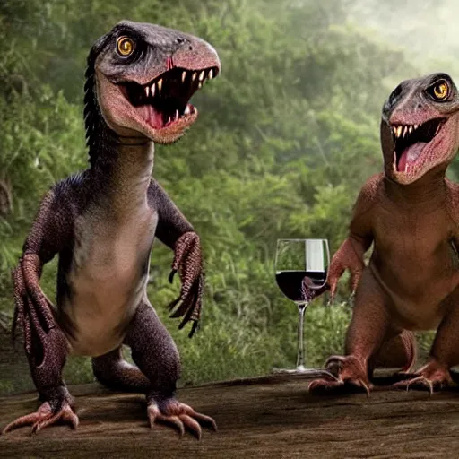 Prompt: two csotonyi paleoart velociraptors toasting glass of wine, in jurrasic park movie