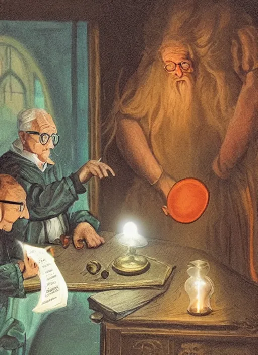 Image similar to a kind old British scientist is teaching his protégée about alchemy and magic from a mysterious orange book. The book has a glowing vial 🧪 on the cover.