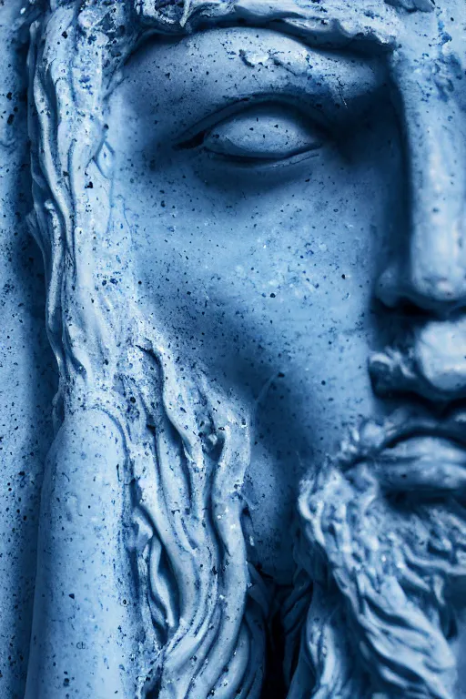 Prompt: dripping blue paint across a white marble sculpture of a greek god, realistic, dslr photograph