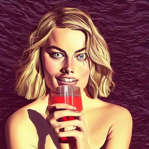 Image similar to a portrait of margot robbie holding a coctail on the beach, beautiful face, highly detailed, digital art