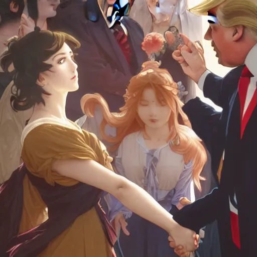 Image similar to anime girl shaking hands with donald trump, intricate, art by artgerm and greg rutkowski and alphonse mucha and william - adolphe bouguereau, high detailed, 4 k,