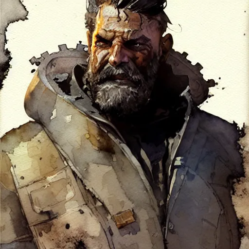 Prompt: post apocalyptic wasteland explorer, dark science fiction, bulky dude, male, old man, tan skin, huge beard, style craig mullins, watercolor